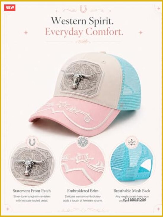 Cute Pink Cowgirl Baseball Cap - Adjustable Snapback Trucker Hat with Mesh Back